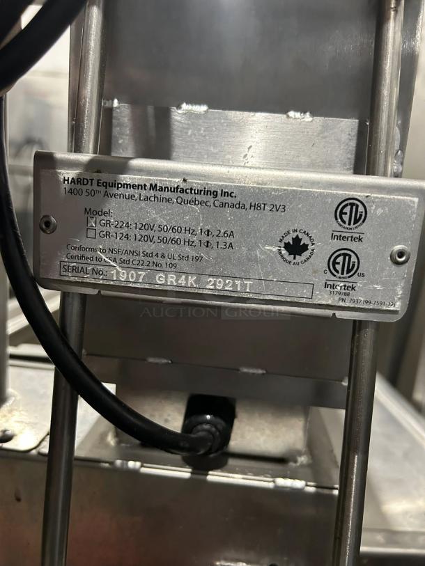 Hardt GR-224 grease trap, stainless steel, 120V, 50/60 Hz, tested functional, serial number 1907 GR4K Z92T1, ETL certified.