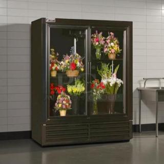 Bush Refrigeration FS52GDHC sliding door refrigerator, dark finish, dual-pane glass doors, showing floral display, tested and working.
