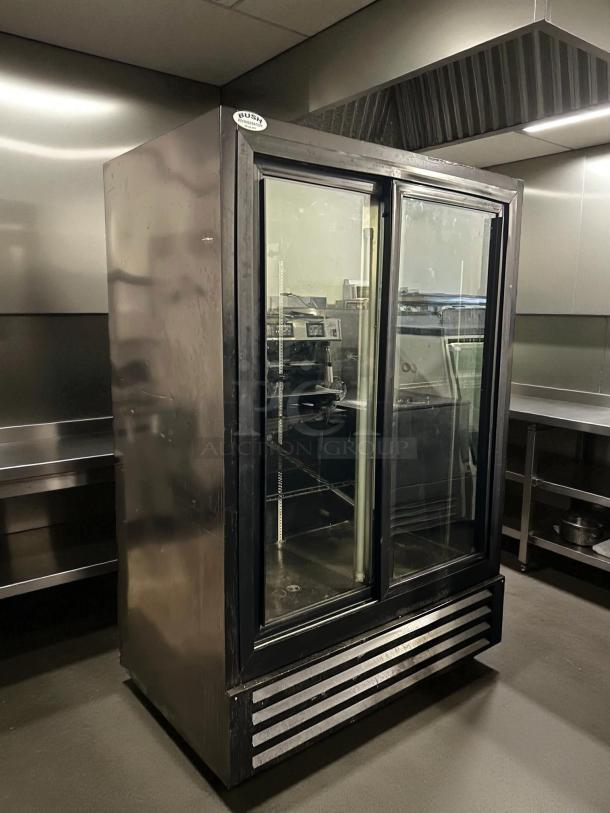 Bush Refrigeration FS52GDHC sliding door refrigerator, tested and working, features glass doors, stainless steel finish.