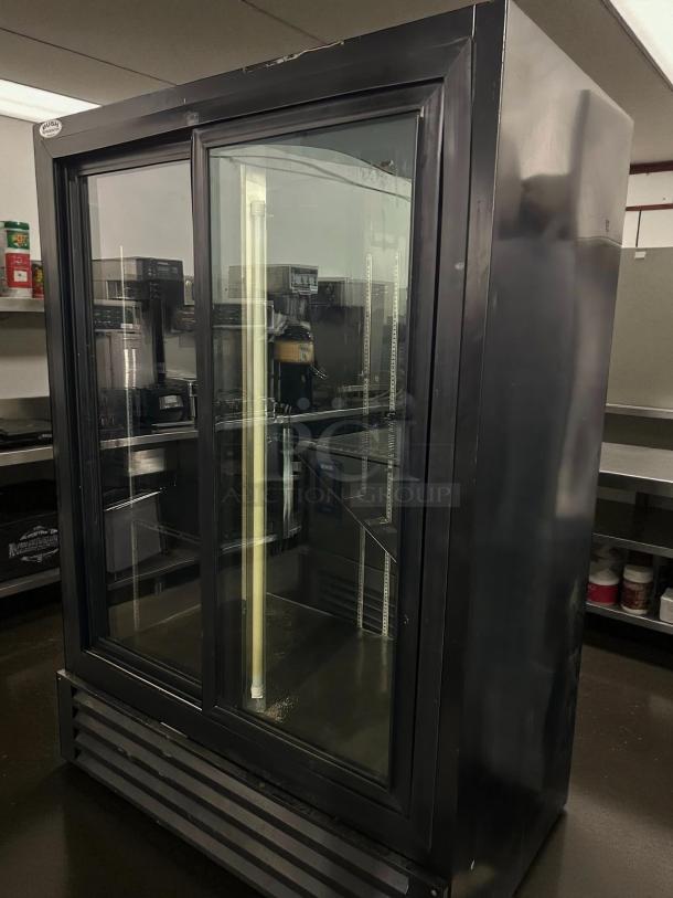 Bush Refrigeration FS52GDHC sliding door refrigerator, tested and working. Black finish, glass doors, excellent condition.