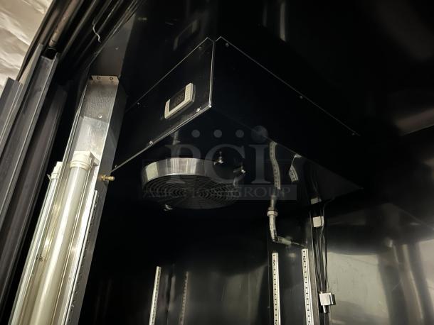 Bush Refrigeration FS52GDHC sliding door refrigerator interior, showing fan and wiring. Excellent condition, tested and working.