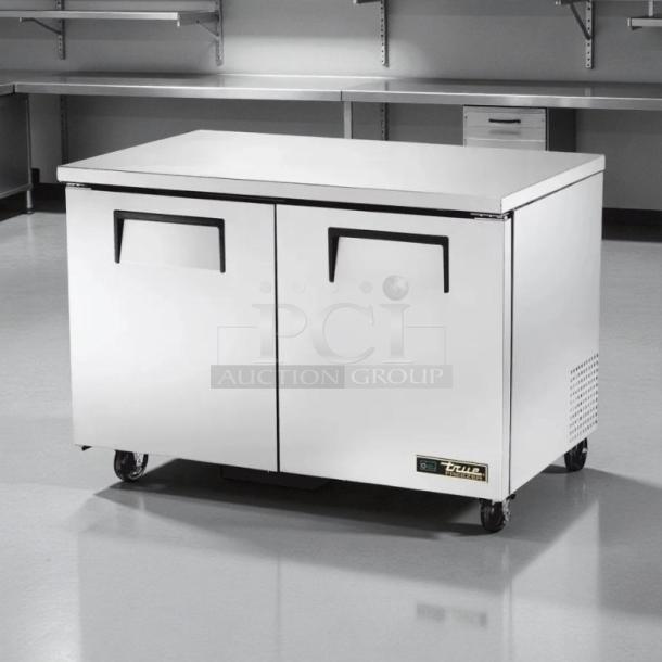 True TUC-48-HC 48" undercounter refrigerator, like new, two sections, two doors, 115v, on casters, ideal for commercial use.