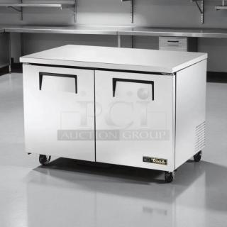 True TUC-48-HC 48" undercounter refrigerator, like new, two sections, two doors, 115v, on casters, ideal for commercial use.