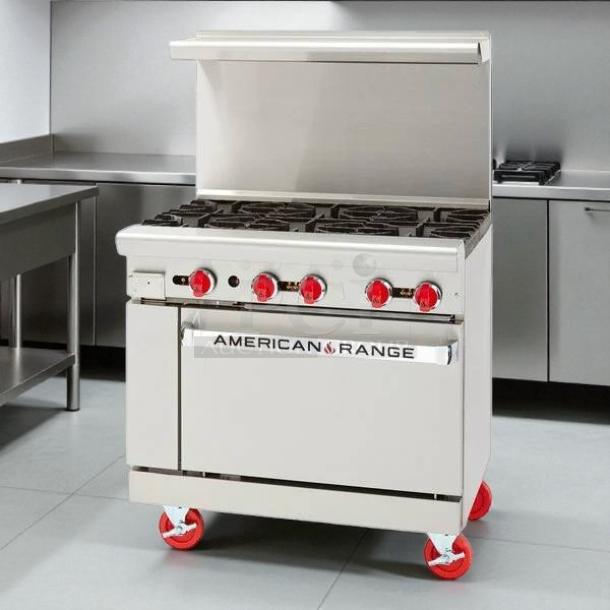 American Range AR-6 36" natural gas 6-burner range with oven, in great condition. Tested, working. Red control knobs.