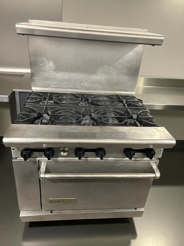 American Range AR-6 36" natural gas 6-burner range with standard oven, stainless steel, great condition, tested and working.