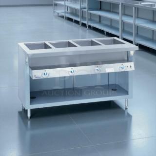 Duke E304 58 3/8" hot food table with 4 wells and cutting board, tested and working, 240v/1ph, excellent condition.