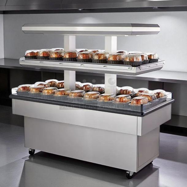 Royston 74" heated display case, 2 open tiers, 220v-240v, 3-phase, on wheels; ideal for grab & go setup, tested, working.