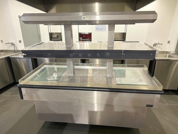 Royston 74" heated display case, stainless steel, 2 open tiers. Tested and working condition. 220v-240v, 3ph.