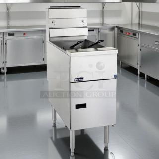 Pitco VF-35S gas fryer, floor model, with a 35 lb vat. Features natural gas operation, polished stainless steel body, tested and working.