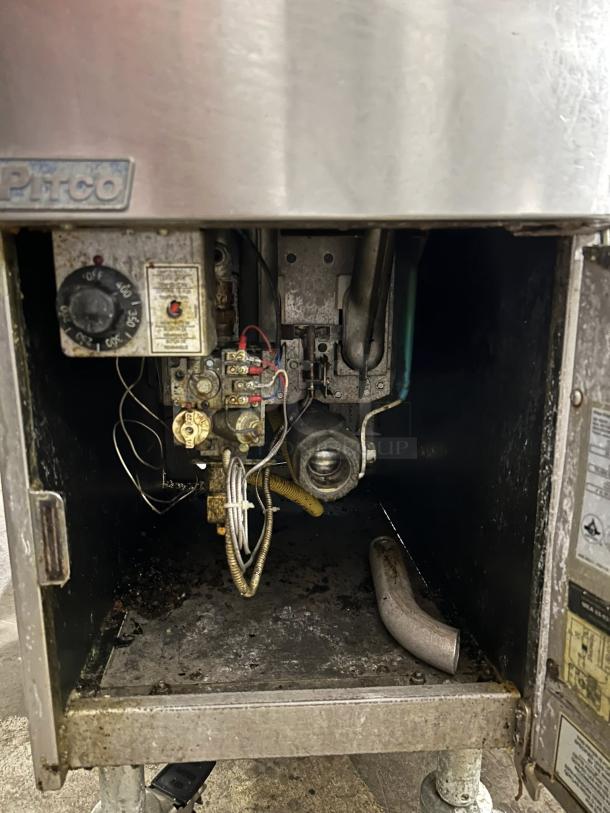 Pitco VF-35S gas fryer, 35 lb vat, floor model, natural gas. Visible wiring, control knob, and internal components. Tested and working.
