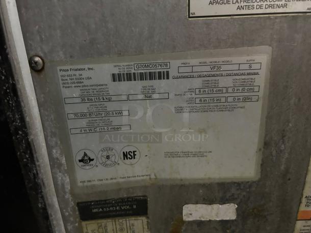 Pitco VF-35S gas fryer label showing specifications: 35 lb vat, 70,000 BTU/hr, natural gas, NSF certified.