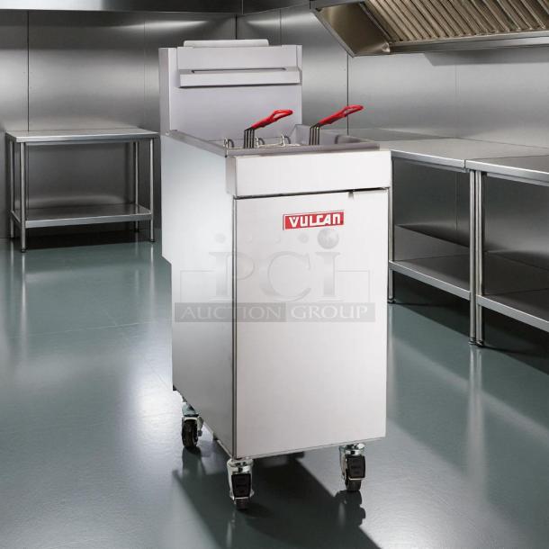 Vulcan LG300-NG natural gas floor fryer, 35-40 lb capacity, excellent condition, tested and working, with red handle baskets.