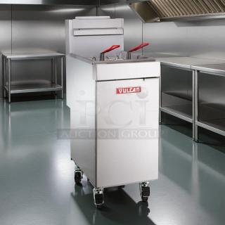 Vulcan LG300-NG natural gas floor fryer, 35-40 lb capacity, excellent condition, tested and working, with red handle baskets.