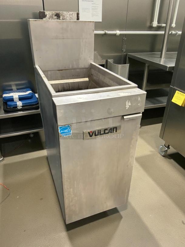 Vulcan LG300-NG natural gas floor fryer, excellent condition, 35-40 lb capacity, tested and working, visible brand logo.