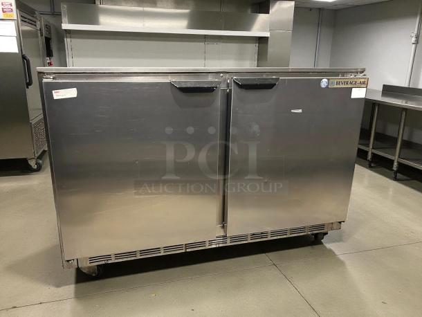 Excellent condition Beverage-Air UCR48AHC 48" undercounter refrigerator, stainless steel, tested, and working, visible brand tag.