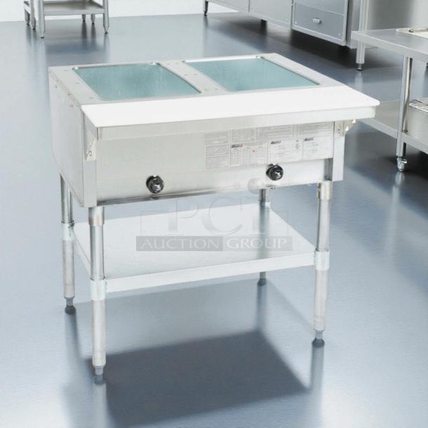 Eagle Group HT2 steam table, natural gas, two-pan capacity, open well, 7000 BTU, stainless steel, tested and working, excellent condition.
