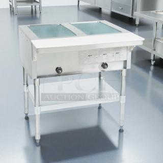 Eagle Group HT2 steam table, natural gas, two-pan capacity, open well, 7000 BTU, stainless steel, tested and working, excellent condition.