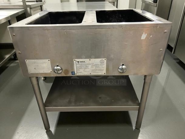 Eagle Group HT2 gas steam table, excellent condition, two-pan capacity, tested working, 7000 BTU, visible manufacturer label.