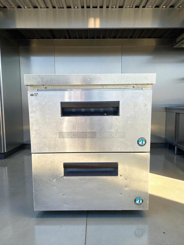 Hoshizaki UR27B-D2 undercounter refrigerator with 7.2 cu ft capacity, two drawers, stainless steel, tested and working.