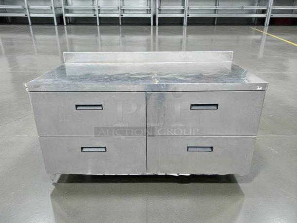 Delfield STD4464N-12 refrigerated sandwich prep table, 64", 4 drawers, stainless steel, 4" backsplash, tested and working.