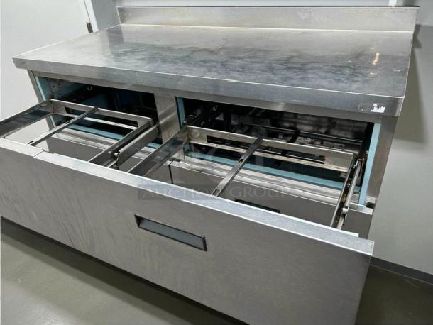 Delfield STD4464N-12 64" refrigerated sandwich prep table with 4 drawers, 4" backsplash, tested and working.