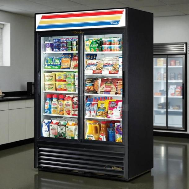 True GDM-45-HC-LD glass door merchandiser, black, 51 1/8", two sliding doors, tested, working, 115v, displays groceries.