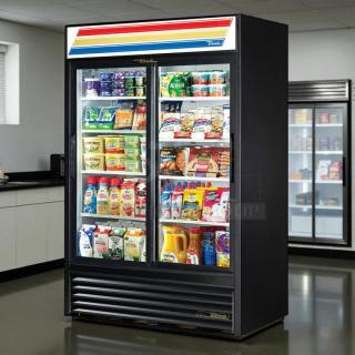 True GDM-45-HC-LD glass door merchandiser, black, 51 1/8", two sliding doors, tested, working, 115v, displays groceries.