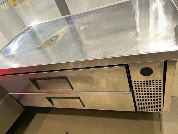 True TRCB-52-60-HC 60" refrigerated chef base with 2 drawers. Stainless steel, tested working, visible wear on surface.