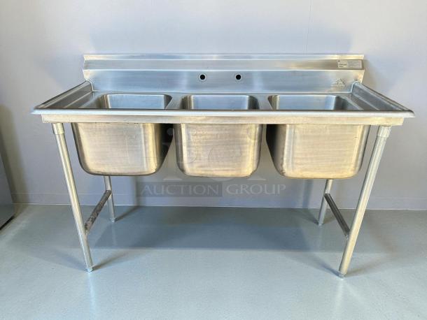 Advance Tabco T9-3-54-X 3 compartment sink, stainless steel, 18 gauge, 16"x20" bowls, excellent condition, tested.