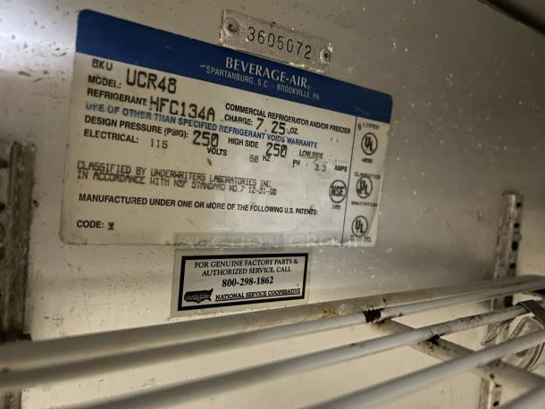 Beverage-Air UCR48AHC undercounter refrigerator label, indicates 48" model, tested, working, refrigerant R-134A, 115 volts.