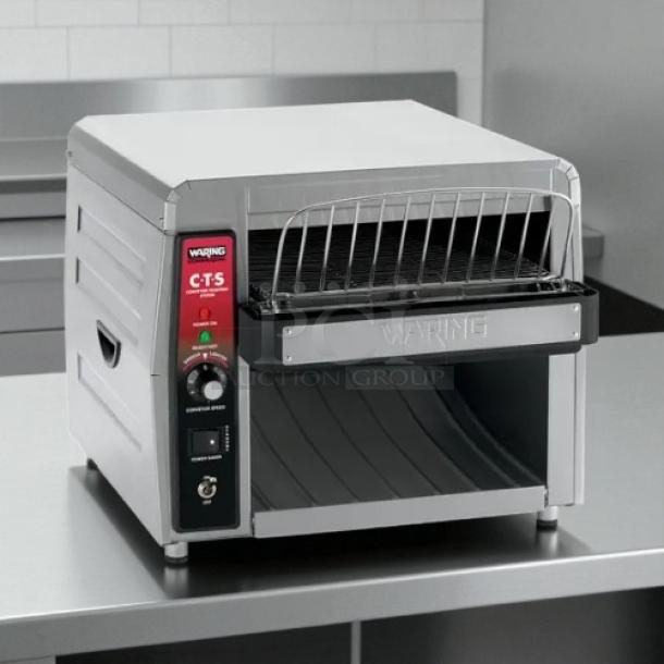 Waring CTS1000 conveyor toaster, 450 slices/hr, 2" opening, 120v, tested and working, stainless steel finish.