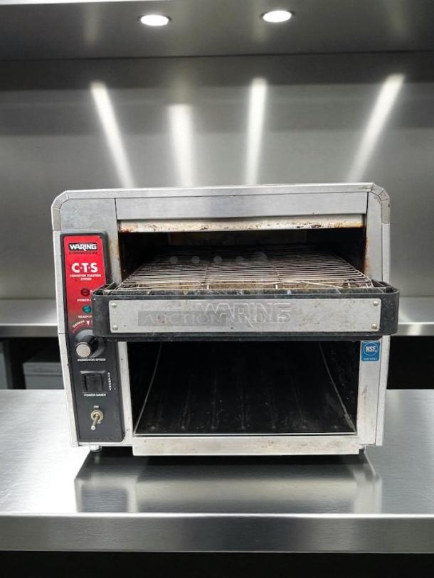 Waring CTS1000 Conveyor Toaster, 450 slices/hr, 2" opening, tested working. Features power, speed controls, NSF certified.