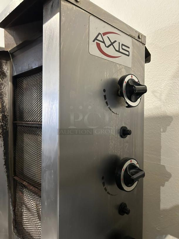 Axis AX-VB4 gas vertical broiler with infrared burners, tested and working, 176 lb capacity, visible Axis branding and control knobs.