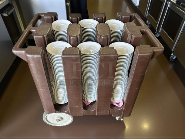 Cambro ADCS131 S Series dark brown dish caddy in excellent condition, 6 columns, with white plates and a vinyl cover.