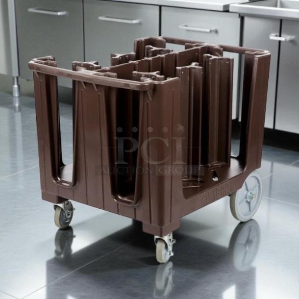 Cambro ADCS131 S Series dark brown dish caddy, 6 columns, great condition, visible wheels, suitable for dish transport.