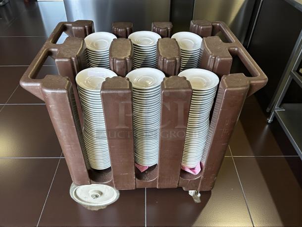 Cambro ADCS131 S Series Adjustable Brown Dish Caddy with 6 columns, vinyl cover, in great condition, stacked dishes visible.