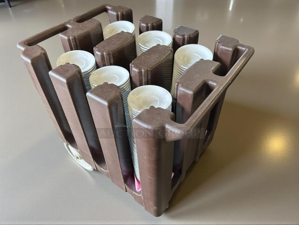 Cambro ADCS131 S Series dark brown dish caddy with 6 columns, in great condition, includes vinyl cover, holds stacks of plates.