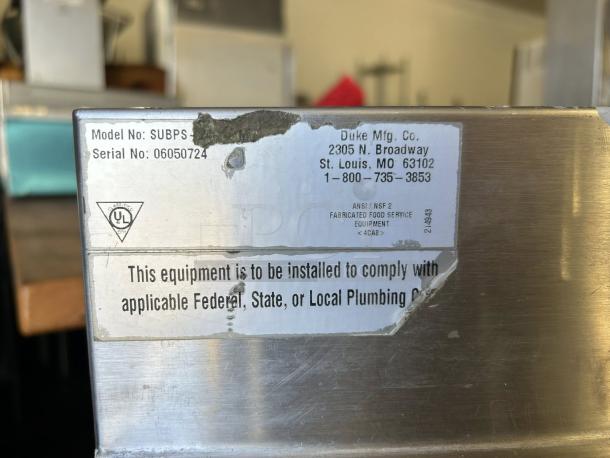 Duke SUB-PS-24-CM stainless steel hand sink cabinet with visible label, excellent condition; model SUBPS, Serial 06050724.