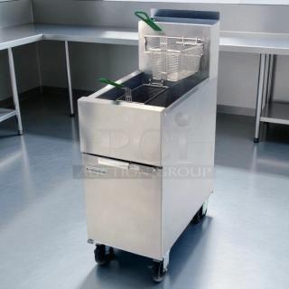 Dean SR152G gas fryer, 50 lb vat, floor model, liquid propane, excellent condition, tested, includes fry baskets.