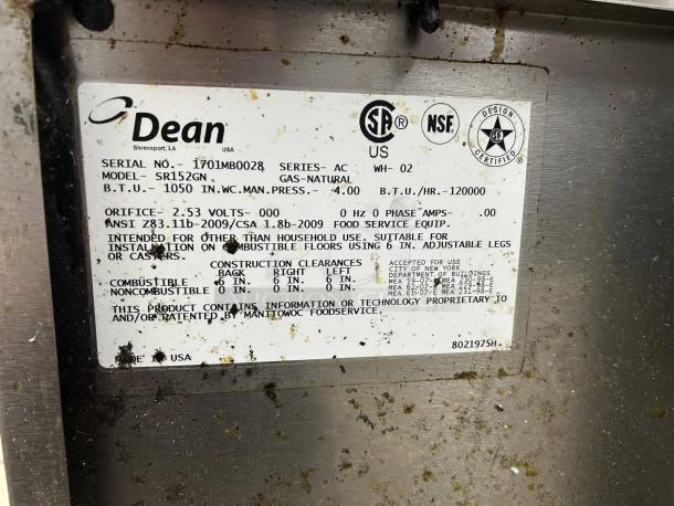 Dean SR152G gas fryer label, indicating model, serial number, ANSI compliance, and construction clearances.