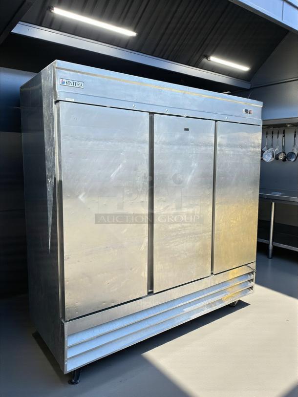 Kintera KBM3F bottom mount three-door freezer, stainless steel, excellent condition, tested working, model 940979.