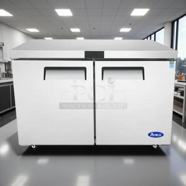 Atosa MGF8402GR 48" double door undercounter fridge in excellent condition, tested and working, stainless steel finish.