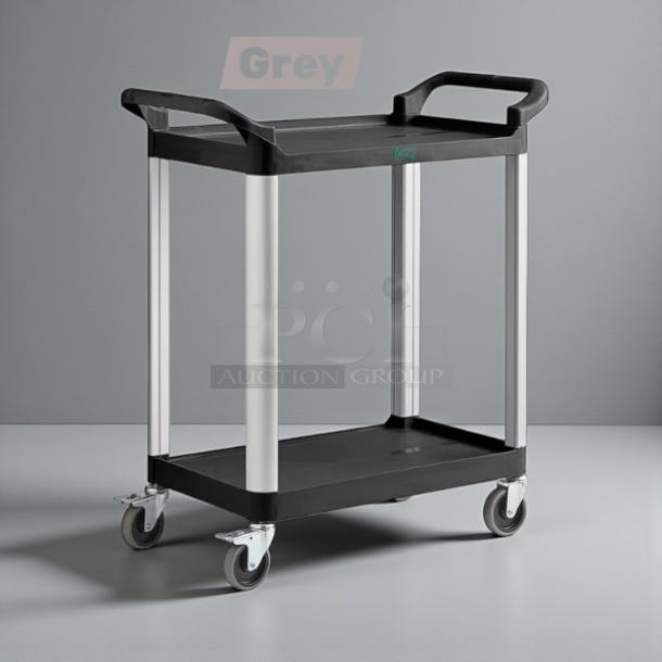 Choice 2-shelf bus cart, 24"x16", gray, in original packaging. Features durable construction, swivel casters, ergonomic handles. Brand new.