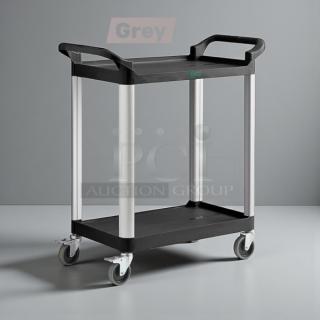 Choice 2-shelf bus cart, 24"x16", gray, in original packaging. Features durable construction, swivel casters, ergonomic handles. Brand new.