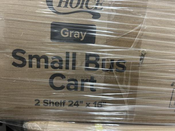 Brand New Choice Small Bus Cart, 2-Shelf 24" x 16", Gray. Original packaging visible.