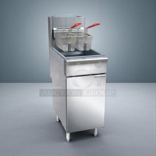 Brand new Black Diamond BDGF-ES35 gas fryer, 35 lb vat, floor model, natural gas, in original packaging.