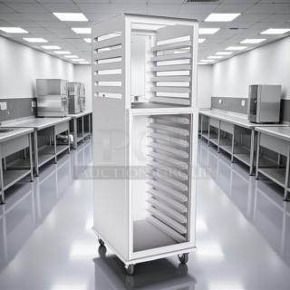 Brand new Lockwood CA72-RR12-6 full-height display cabinet, open-air storage, original packaging, pristine condition.