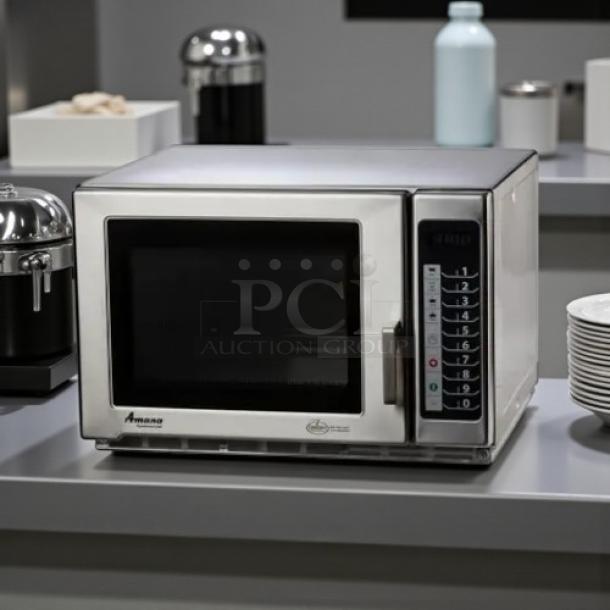 Amana RFS12TS 1200w commercial microwave with touch pad, 120v. Stainless steel, tested and working.