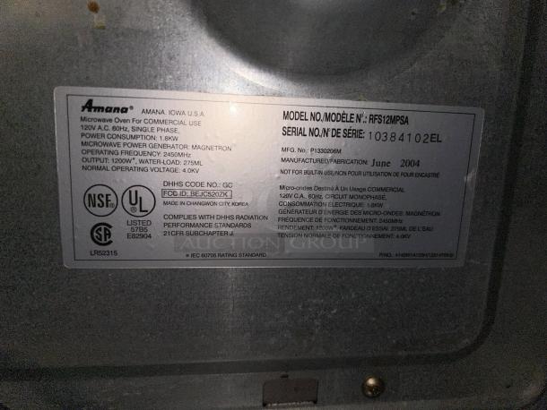 Amana RFS12TS 1200w commercial microwave label showing model, serial number, specs, and certifications. Made in Korea.