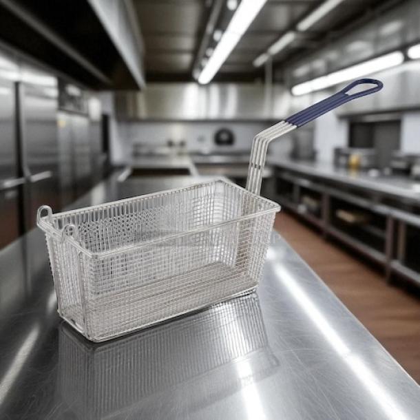 Winco FB-20 medium fry basket with blue handle, new condition, stainless steel, ideal for commercial kitchen use.